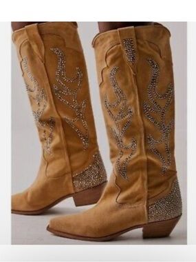 Free People Tan Suede Over-the-Knee Western Boots with Crystal Accents NEW!